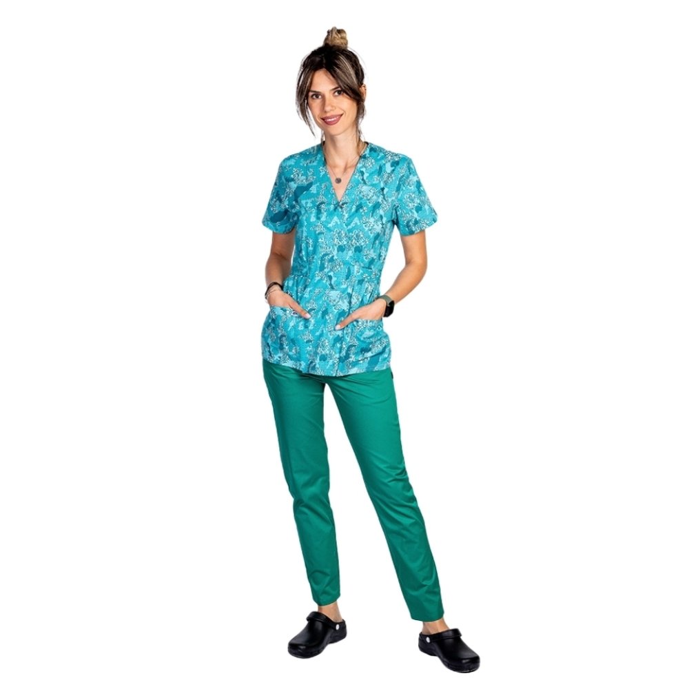 Zdravniški kombinezon Green Army kimono, bluza s potiskom in hlače z elastiko