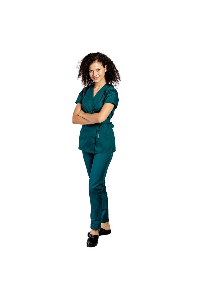 Tuborg zelena medicinska obleka, z bluzo tipa kimono in zelene elastične hlače