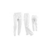 Bele uniseks HORECA hlače z elastiko in dvema stranskima žepoma..
