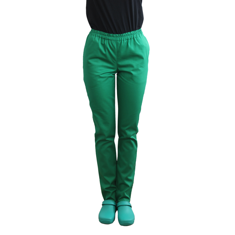 Zdravniške hlače grassed zelene barve z elastiko in dvema stranskima žepoma