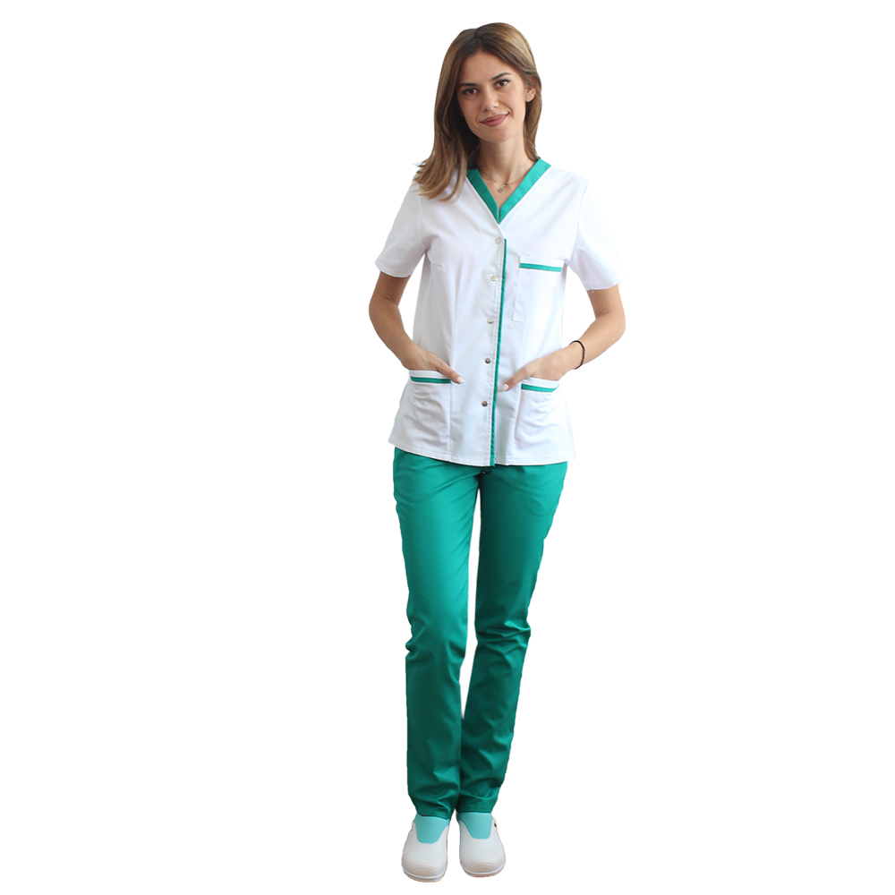 Medicinska obleka, sestavljena iz bele bluze z zelenim paspolom in zelenih kirurških hlač