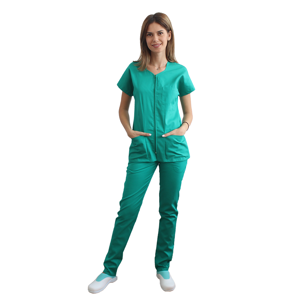Kirurška zelena medicinska obleka, ukrivljena bluza z zadrgo, trije žepi in elastične hlače