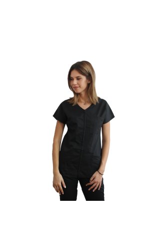 Črna medicinska obleka z ukrivljeno zadrgo z dvema žepoma