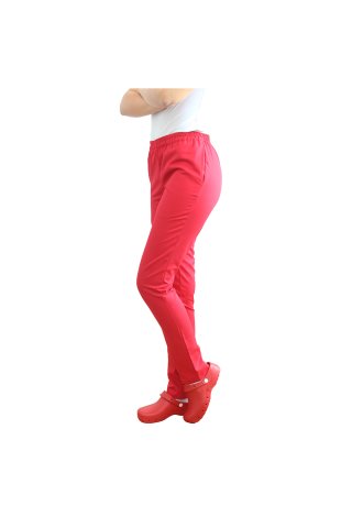 Rdeče medicinske hlače z elastiko in dvema stranskima žepoma