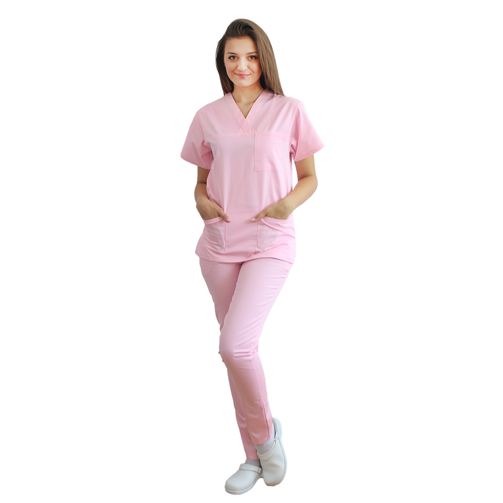 Medicinska obleka Bledo roza, sestavljena iz bluze v obliki črke V v rožnatih elastičnih hlačah