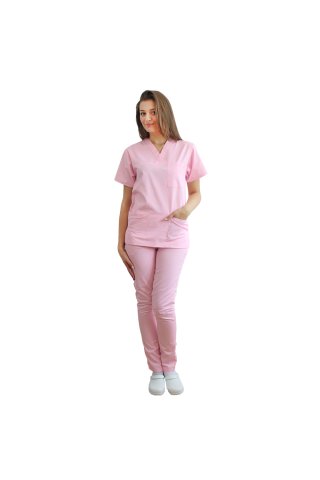 Medicinska obleka Bledo roza, sestavljena iz bluze v obliki črke V v rožnatih elastičnih hlačah