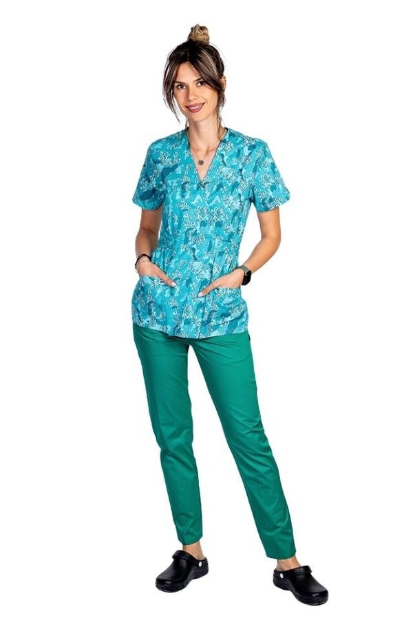 Zdravniški kombinezon Green Army kimono, bluza s potiskom in hlače z elastiko