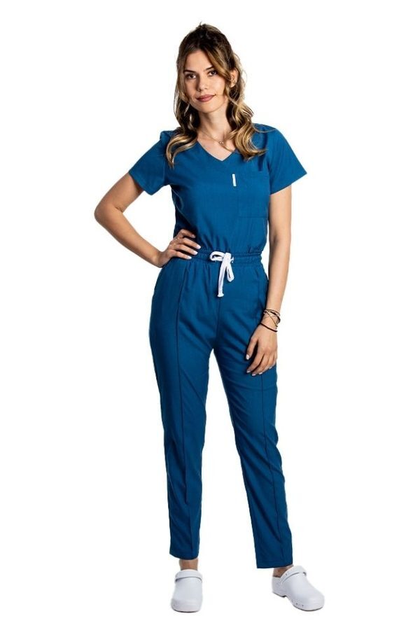 Modre jeans raztegljive medicinske obleke z V bluzo in hlačami z vrvico in elastiko